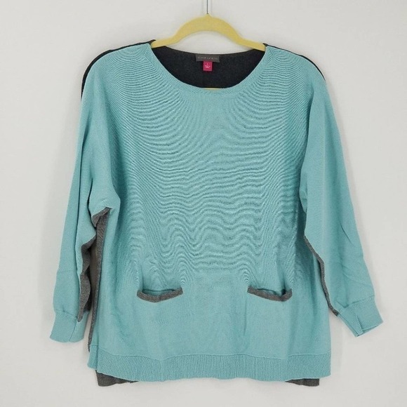 Vince Camuto Colorblock Boatneck Knit Sweater Size Large Blue Gray Front Pockets - Picture 3 of 6